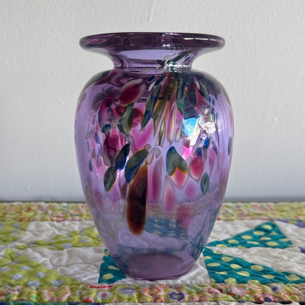 Maytum Studio Art Glass Vase Purple Multicolored Signed 1992, 6" Tall